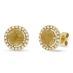 0.21ct Diamond & 1.67ct Golden Line Quartz 14k Yellow Gold Earring