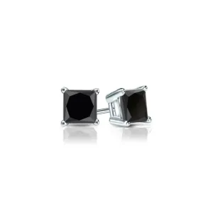 10k White Gold Plated 1 Carat Square Created Black Sapphire Stud Earrings