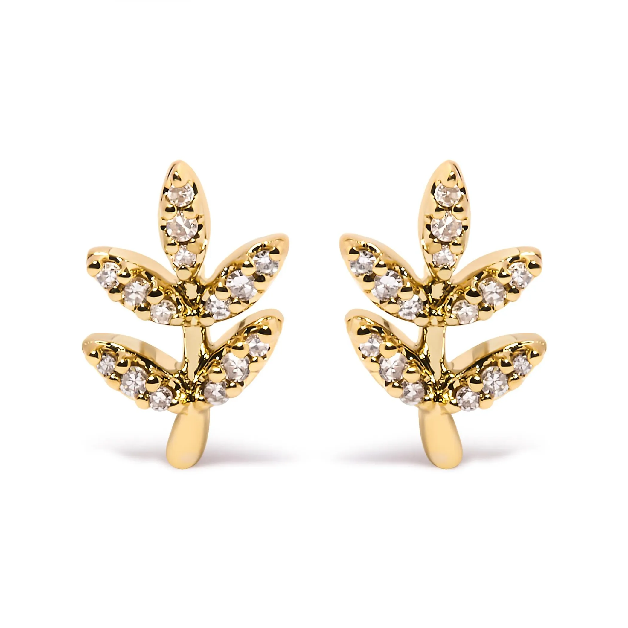 10K Yellow Gold 1/10 Cttw Diamond Accented Leaf and Branch Stud Earrings (H-I Color, I1-I2 Clarity)