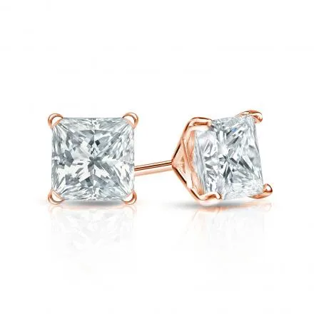 14k Rose Gold 1/4 Carat Created White Diamond Princess Stud Earrings (SI1) 4 Prong Setting by Paris Jewelry