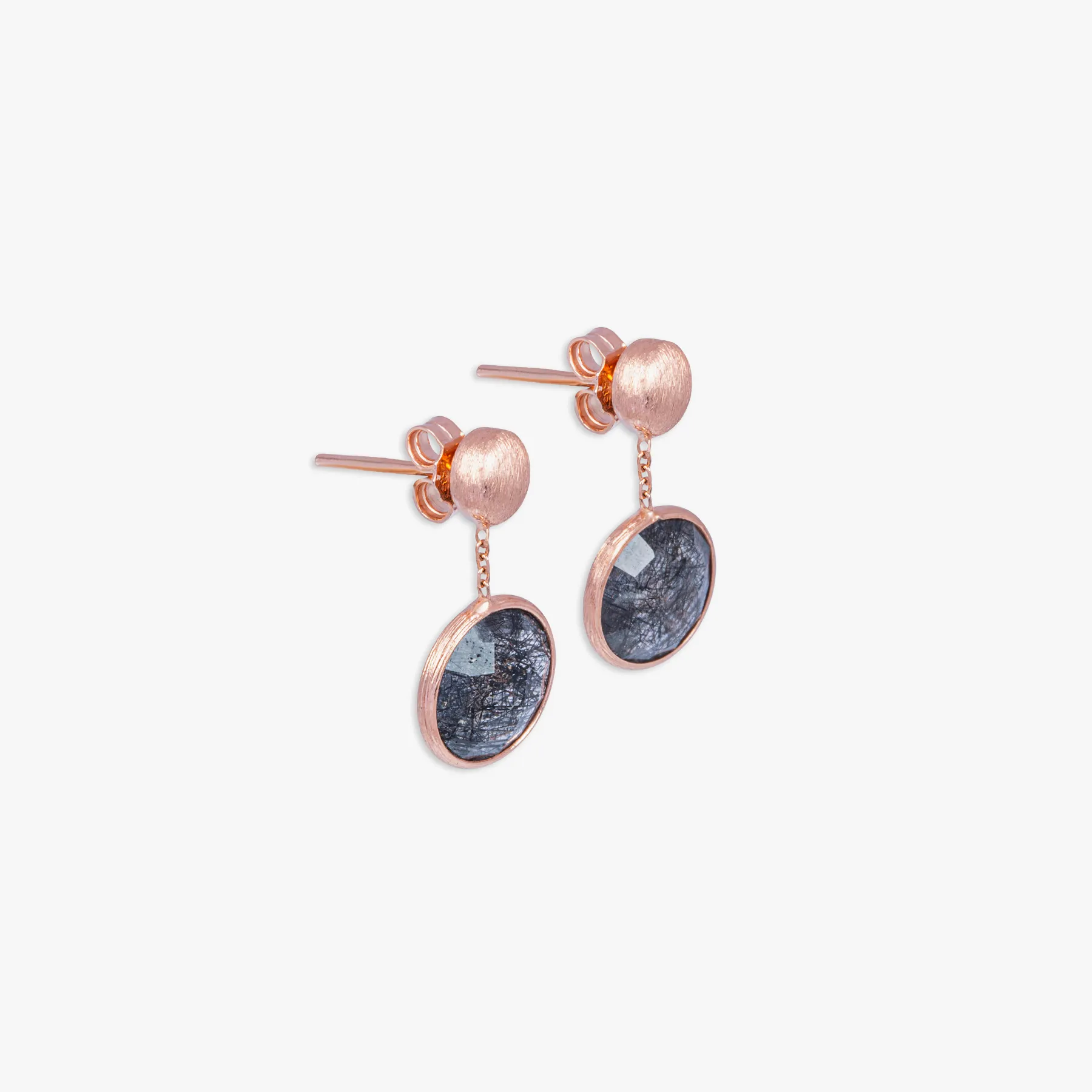 14K satin rose gold Kensington drop earrings with black rutilated quartz