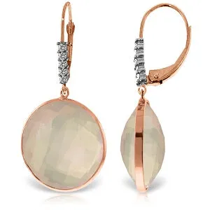 14K Solid Rose Gold Diamonds Leverback Earrings w/ Checkerboard Cut Rose Quartz