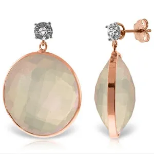 14K Solid Rose Gold Diamonds Stud Earrings w/ Dangling Checkerboard Cut Rose Quartz