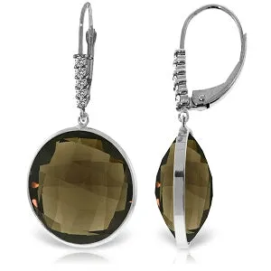 14K Solid White Gold Diamonds Leverback Earrings w/ Checkerboard Cut Smoky Quartz