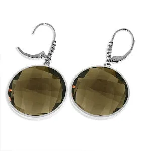 14K Solid White Gold Diamonds Leverback Earrings w/ Checkerboard Cut Smoky Quartz