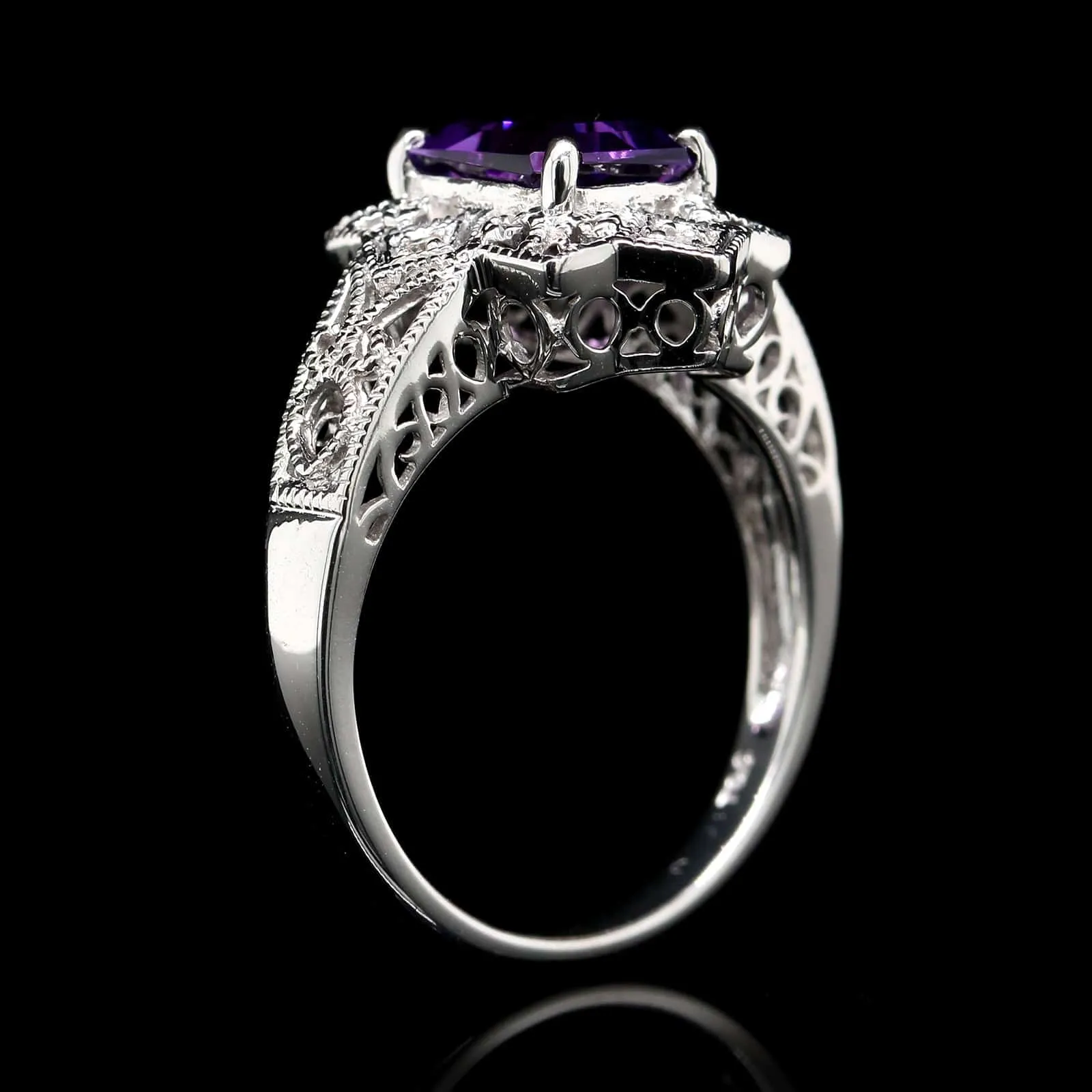 14K White Gold Estate Amethyst and Diamond Ring