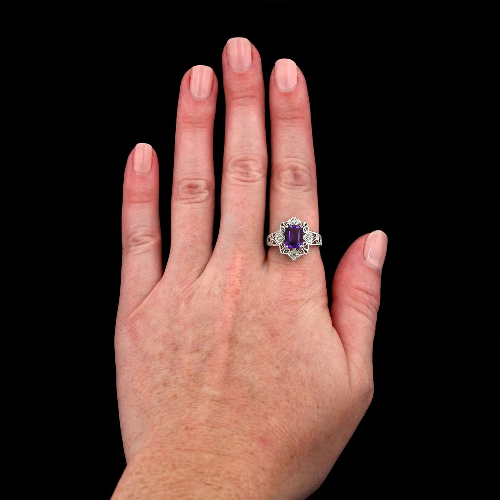 14K White Gold Estate Amethyst and Diamond Ring