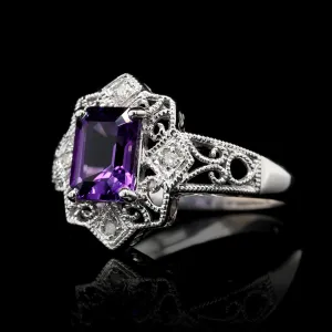 14K White Gold Estate Amethyst and Diamond Ring