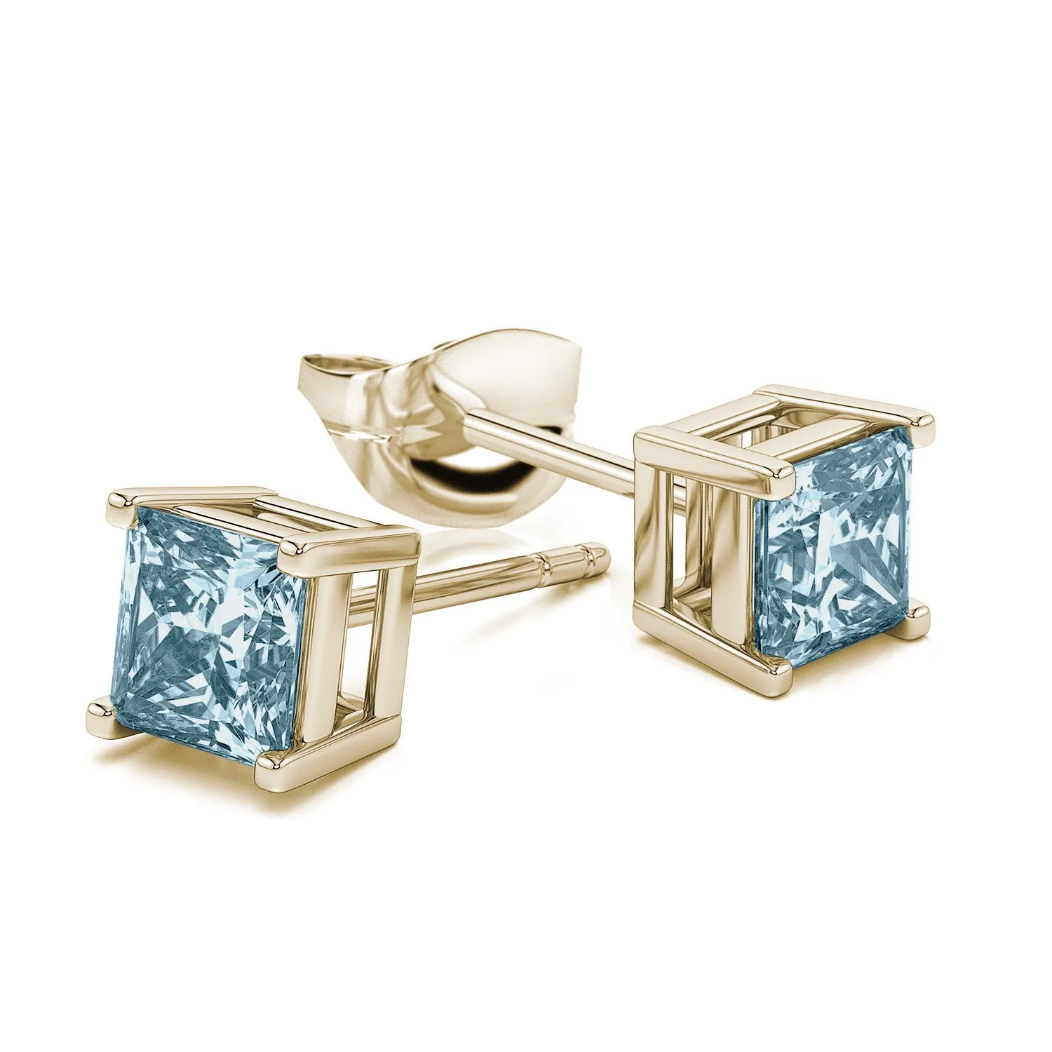 14k Yellow Gold Plated 3 Carat Princess Cut Created Aquamarine Sapphire Stud Earrings