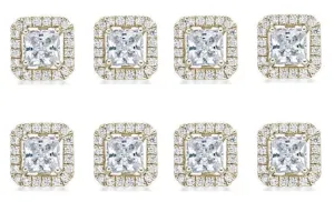 14k Yellow Gold Plated 4Ct Princess Cut White Sapphire Set of Four Halo Stud Earrings