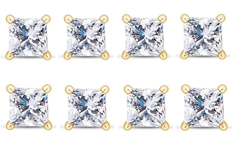 14k Yellow Gold Plated 4Ct Princess Cut White Sapphire Set Of Four Stud Earrings