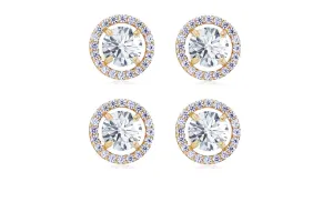 14k Yellow Gold Plated 4Ct Round White Sapphire Set Of Two Halo Stud Earrings