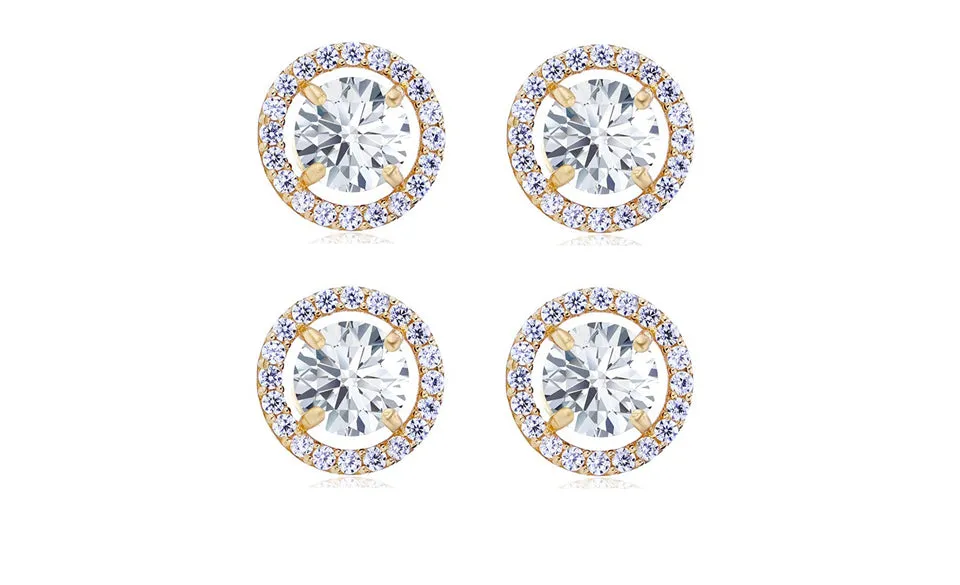 14k Yellow Gold Plated 4mm 2Ct Round White Sapphire Set Of Two Halo Stud Earrings