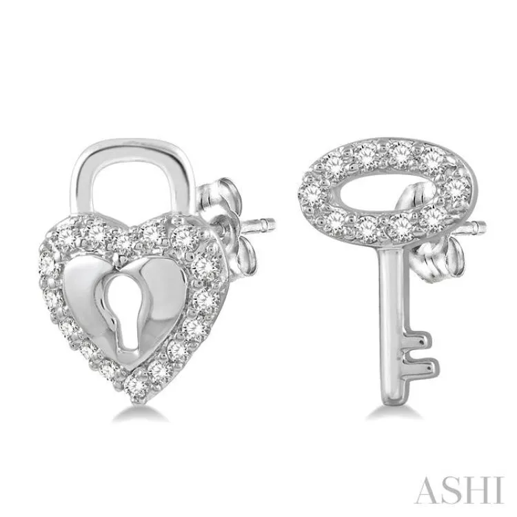 1/6 Ctw Heart Lock & Key Charm Round Cut Diamond Earrings in 10K White Gold