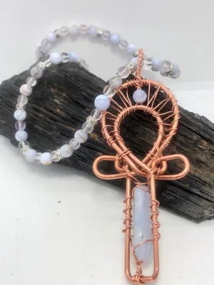 17 inch Blue Lace Agate and Crystal Necklace wIth Akh Pendant Copper Necklace