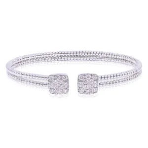 18K WHITE GOLD DOUBLE TWISTED WIRE CUFF BRACELET WITH PAVE DIAMOND SQUARE END CAPS 0.90CTW