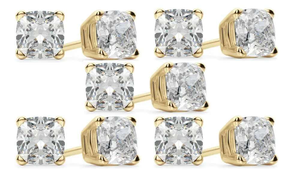 18k Yellow Gold 6mm 2Ct Cushion Cut White Sapphire Set Of Five Stud Earrings Plated