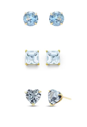 18k Yellow Gold Plated 3Cttw 8mm Created Aquamarine 3 Pair Round, Square and Heart Stud Earrings