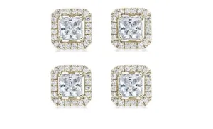 18k Yellow Gold Plated 4mm 1/2Ct Princess Cut White Sapphire Set of Two Halo Stud Earrings