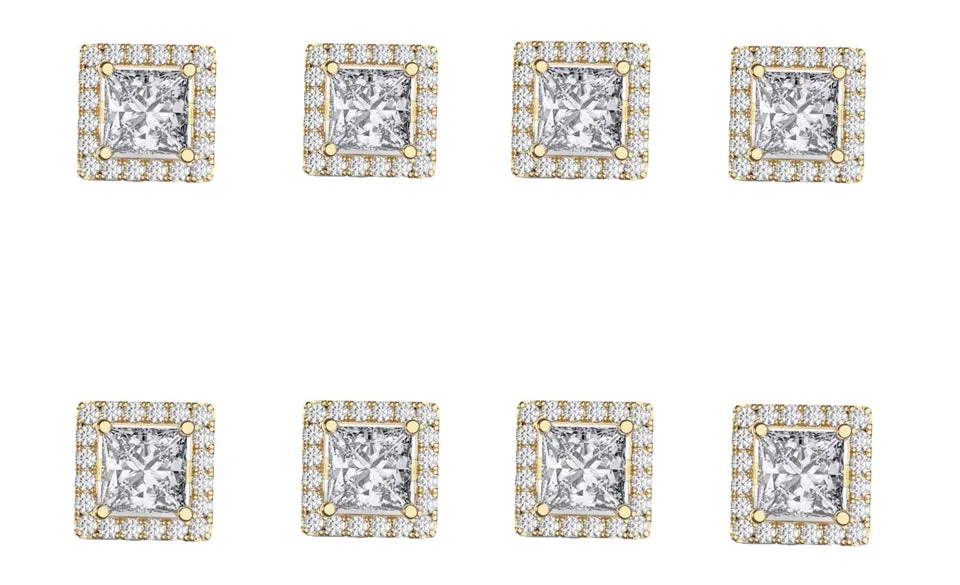 18k Yellow Gold Plated 4mm 2Ct Square Cut White Sapphire Set of Four Halo Stud Earrings