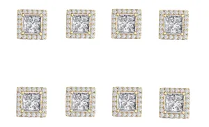 18k Yellow Gold Plated 4mm 2Ct Square Cut White Sapphire Set of Four Halo Stud Earrings