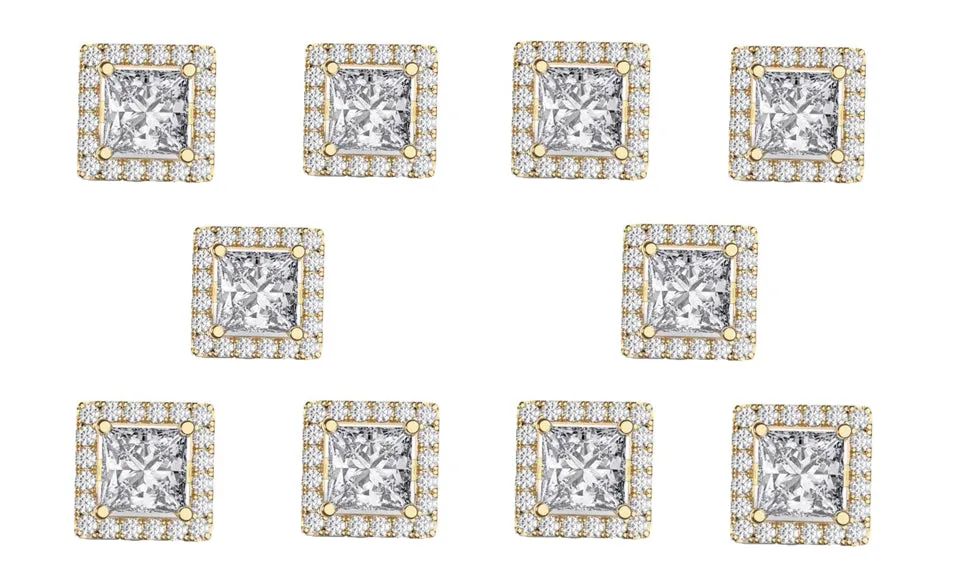 18k Yellow Gold Plated 6mm 1Ct Square Cut White Sapphire Set of Five Halo Stud Earrings