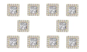 18k Yellow Gold Plated 6mm 1Ct Square Cut White Sapphire Set of Five Halo Stud Earrings