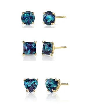 18k Yellow Gold Plated 6mm Created Alexandrite 3 Pair Round, Square and Heart Stud Earrings