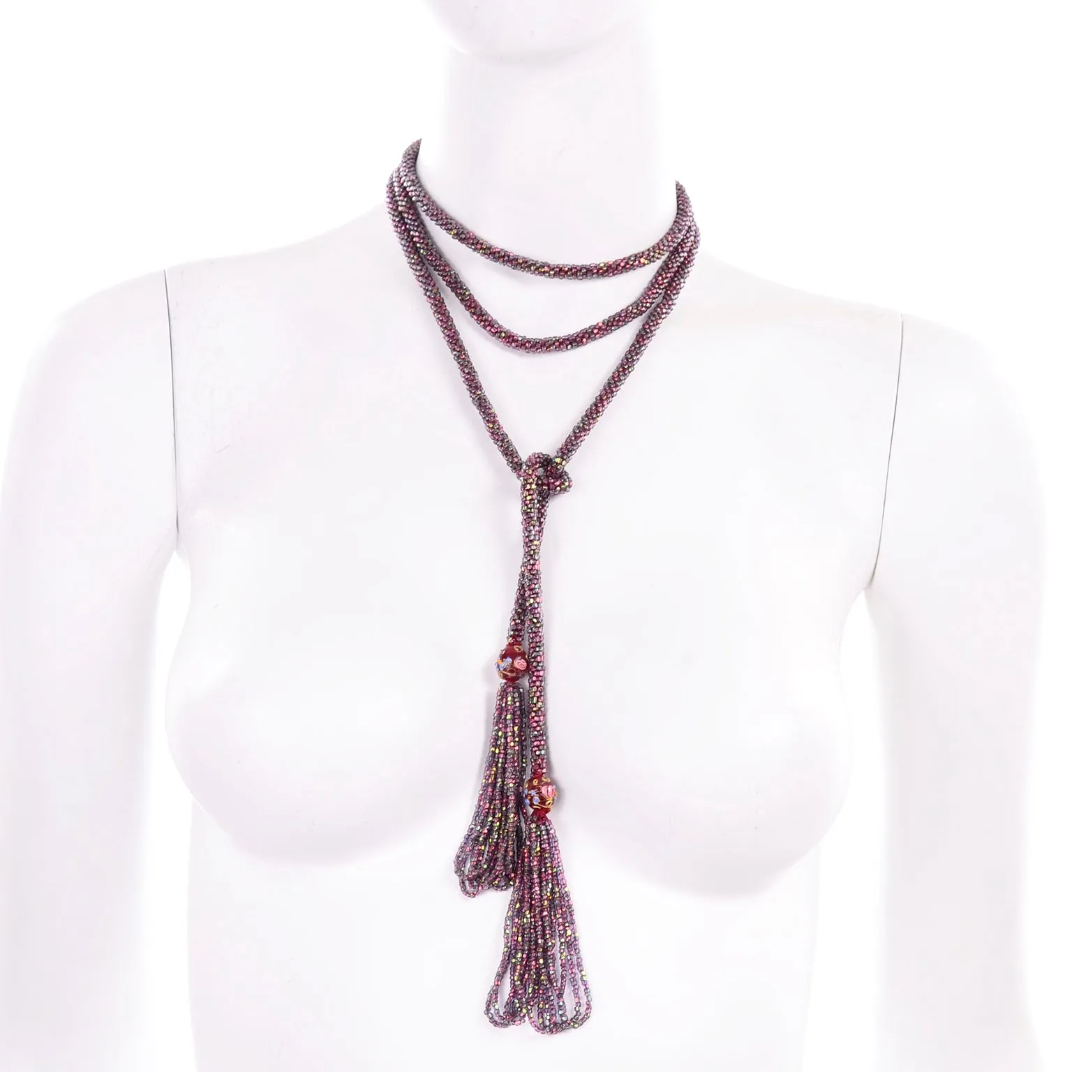 1920s Beaded Flapper Sautoir Necklace W Lampwork Beads & Tassel Fringe