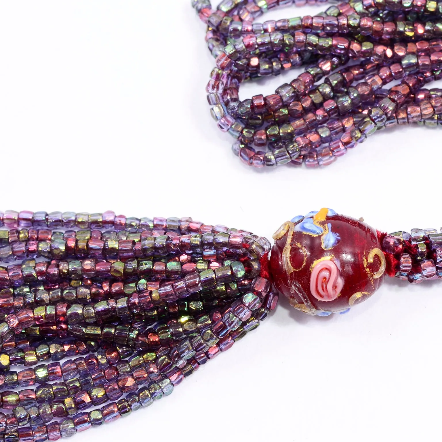 1920s Beaded Flapper Sautoir Necklace W Lampwork Beads & Tassel Fringe