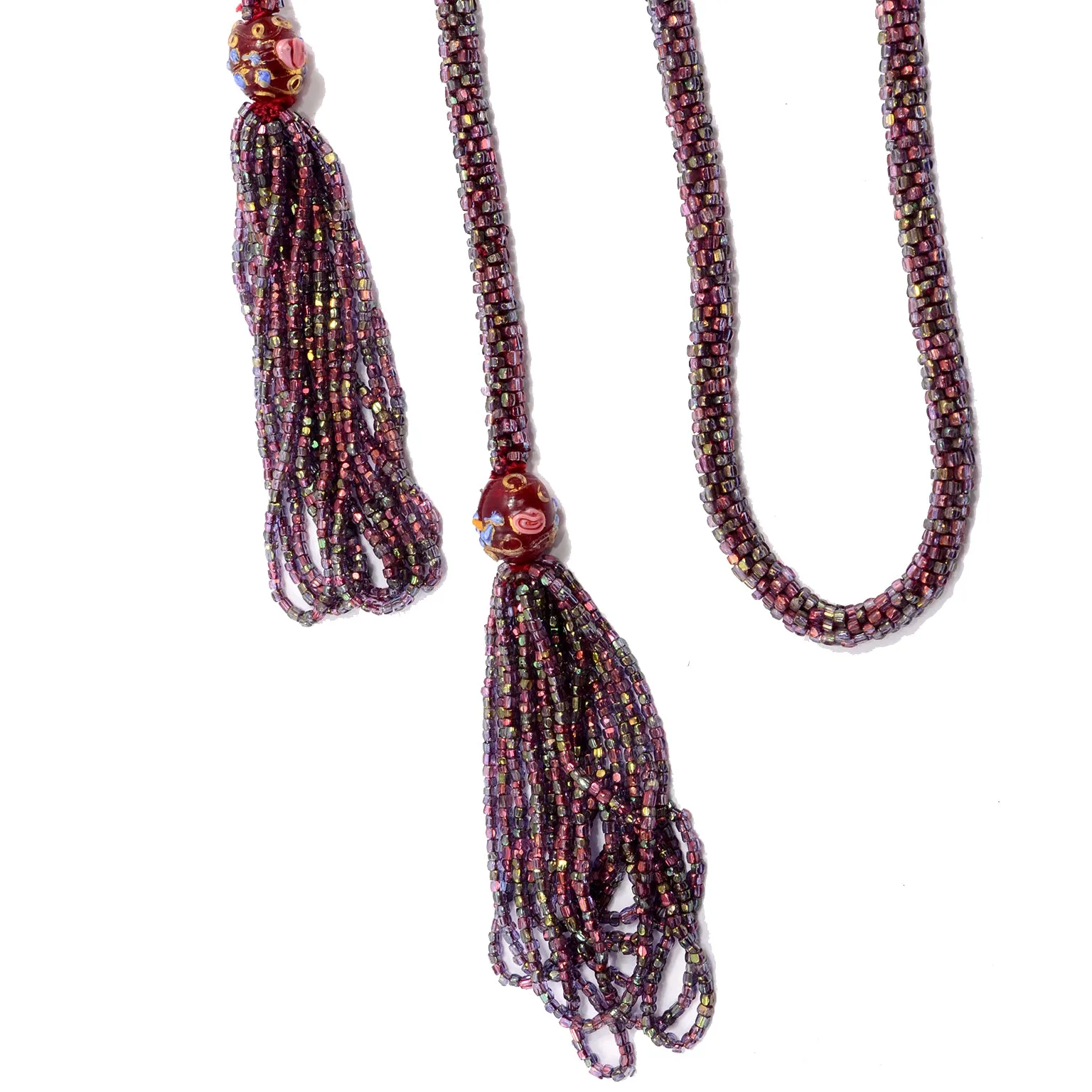 1920s Beaded Flapper Sautoir Necklace W Lampwork Beads & Tassel Fringe