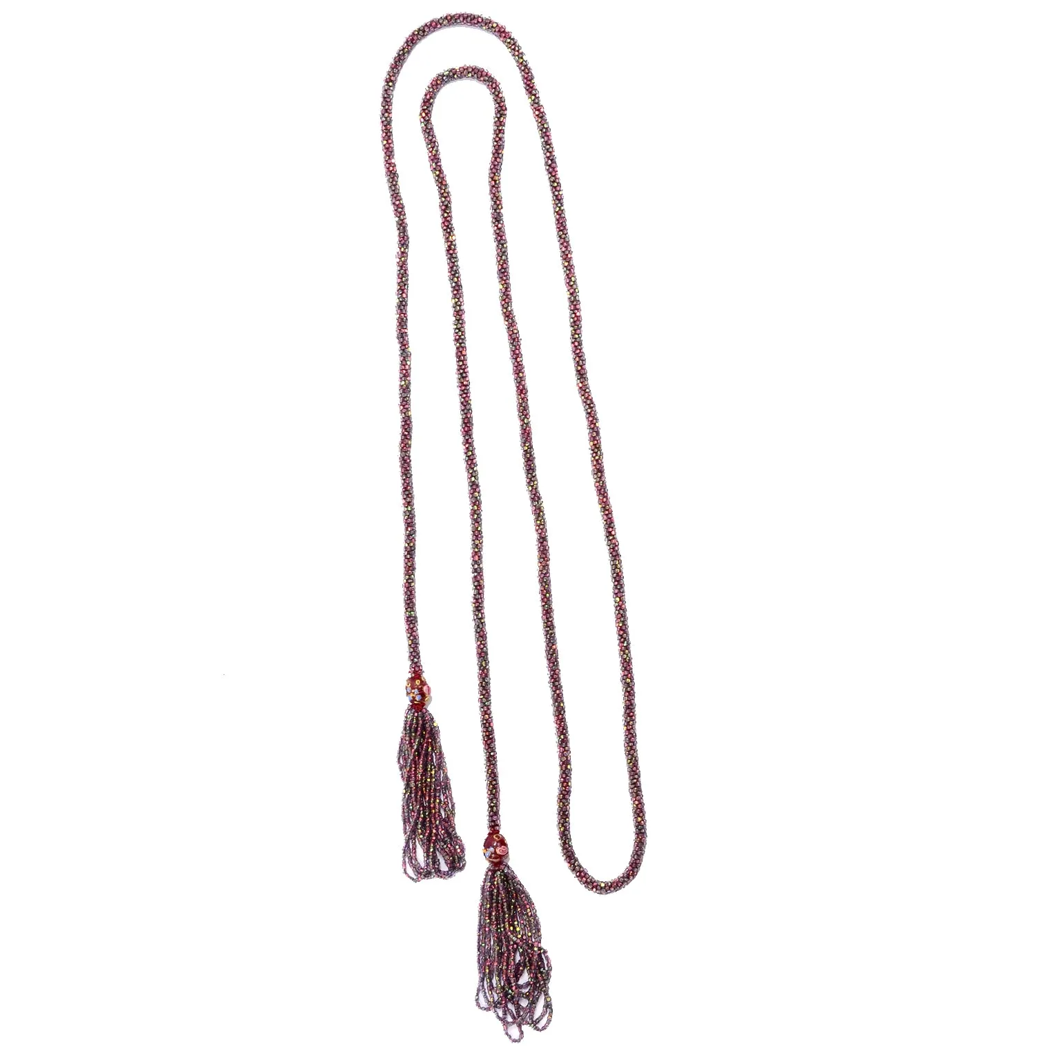 1920s Beaded Flapper Sautoir Necklace W Lampwork Beads & Tassel Fringe