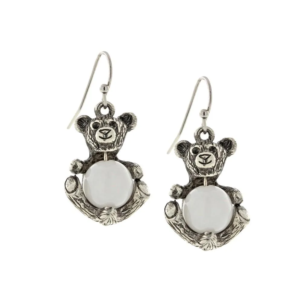 1928 Jewelry&reg; Pewter Round Semi Precious White Quartz Teddy Bear Wire Earrings