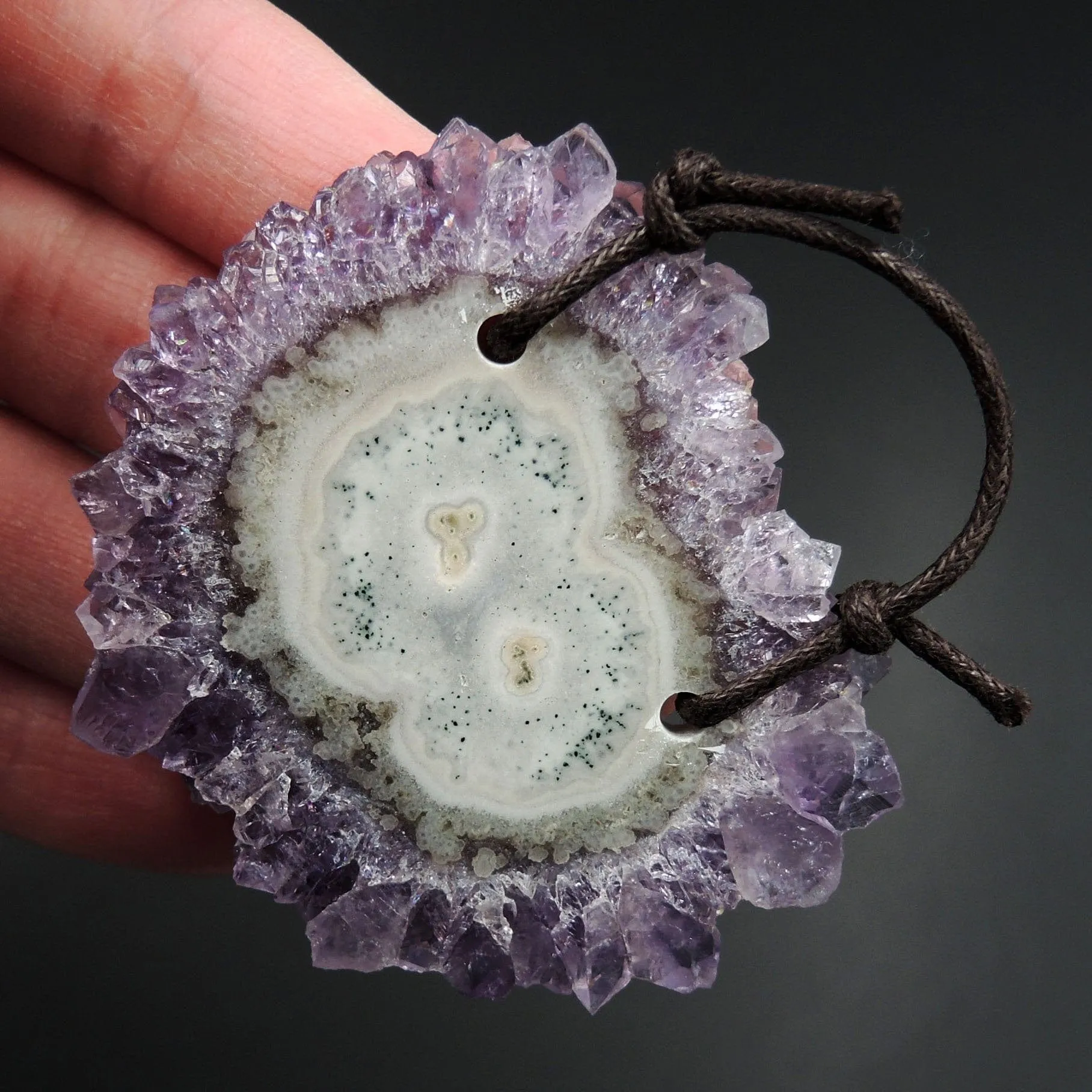 2 Hole Pendant Amethyst Stalactite Flower Pendant Drilled Stalactite Flat Slice Freeform One of a Kind Natural Gemstone Pendant Bead P1604