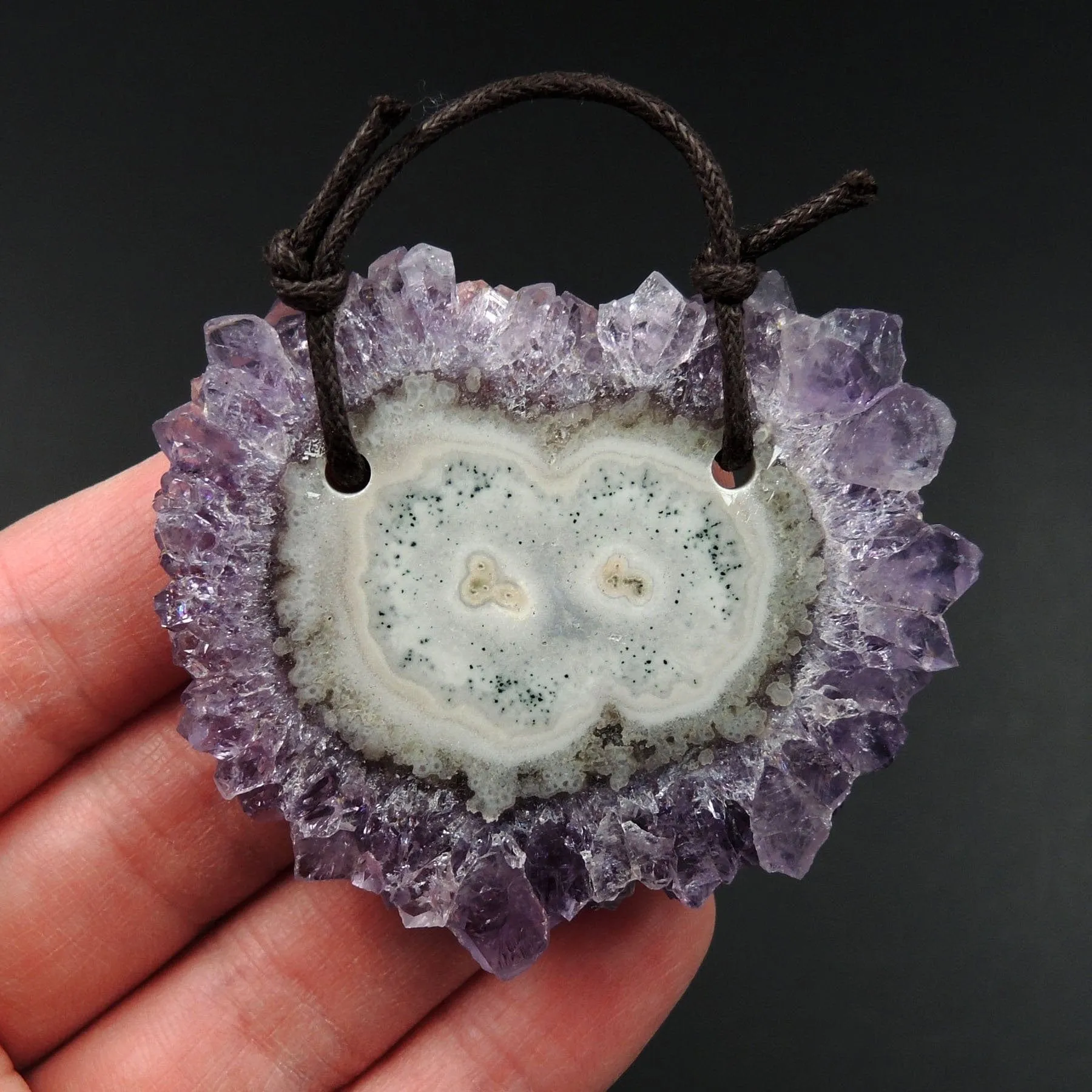 2 Hole Pendant Amethyst Stalactite Flower Pendant Drilled Stalactite Flat Slice Freeform One of a Kind Natural Gemstone Pendant Bead P1604