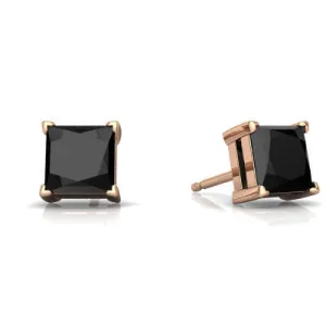 24k Rose Gold Plated 2 Cttw Black Sapphire Princess Cut Stud Earrings