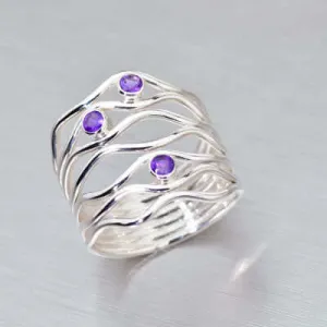 3 Stone Amethyst Ring, 925 Sterling Silver