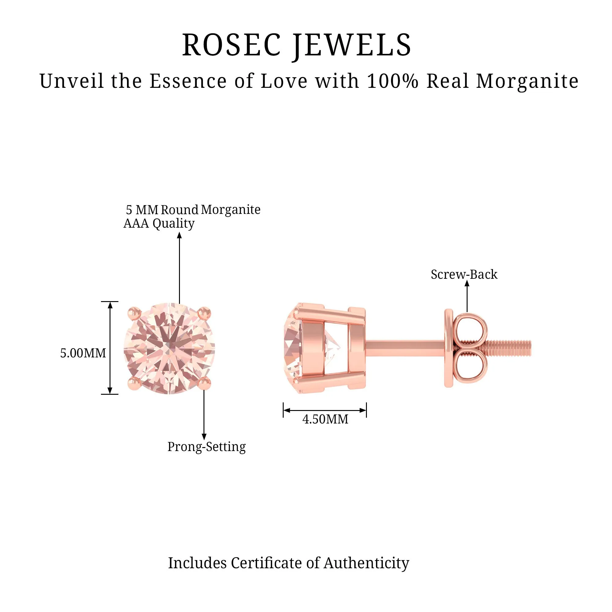 5 MM Morganite Solitaire Stud Earrings in 4 Prong Setting