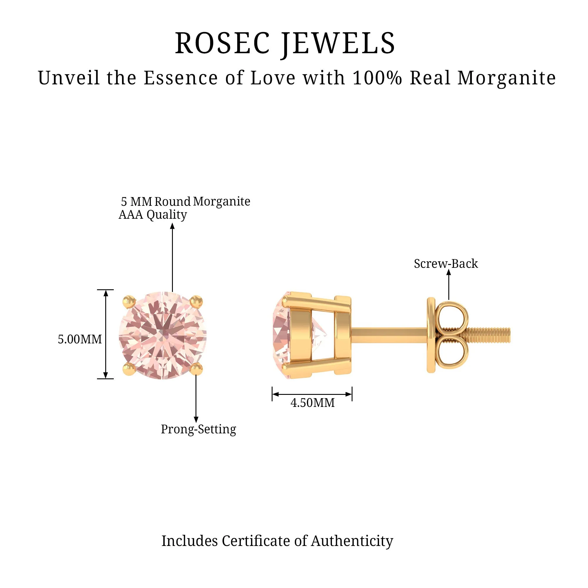 5 MM Morganite Solitaire Stud Earrings in 4 Prong Setting