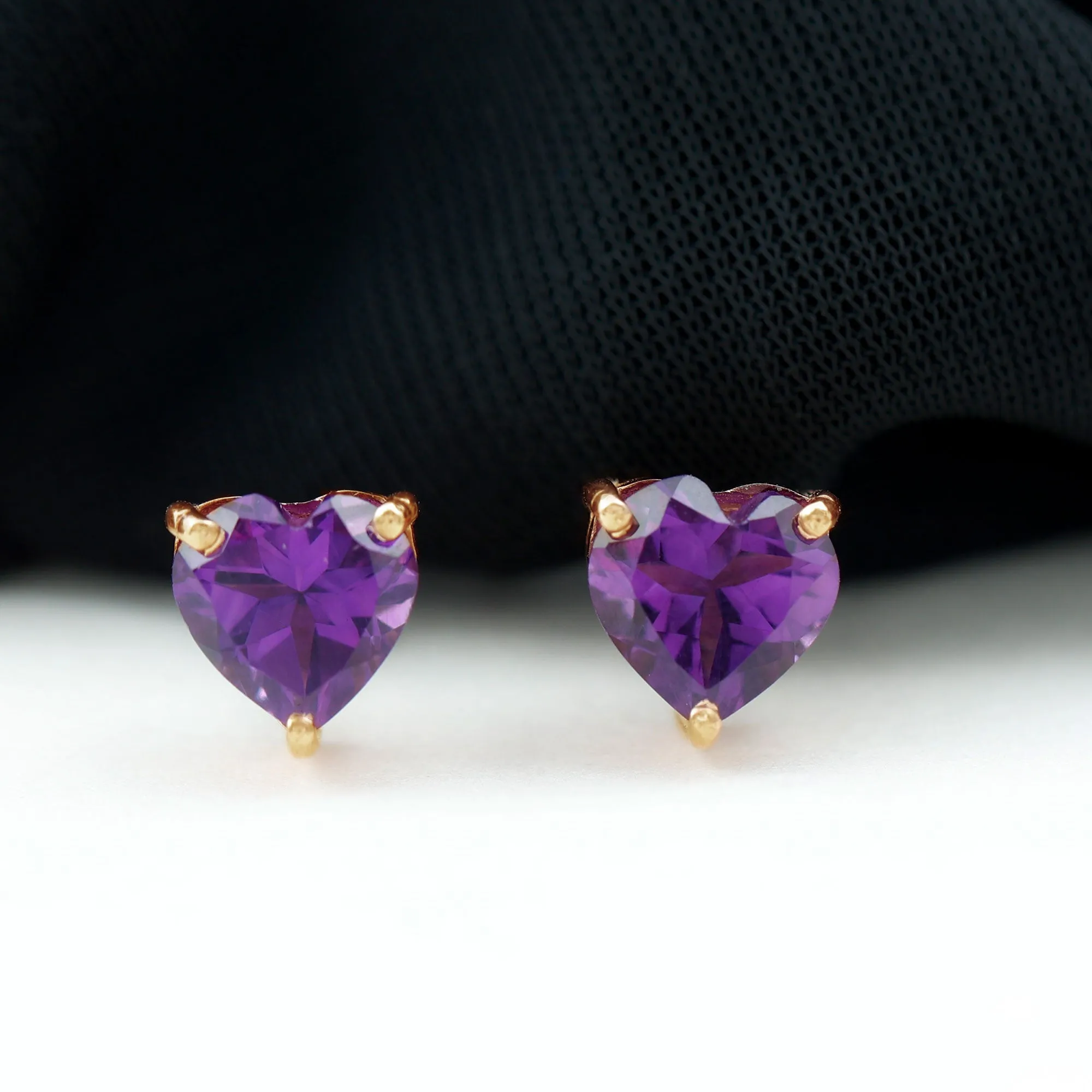 7 MM Heart Shape Amethyst Flower Stud Earrings in 3 Prong Setting