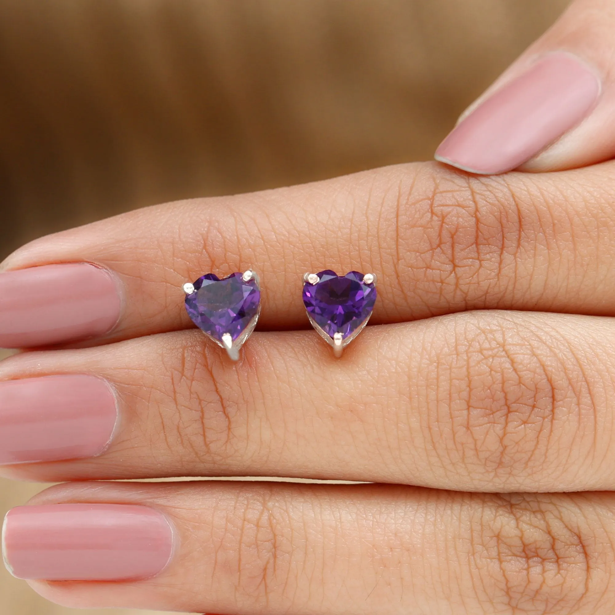 7 MM Heart Shape Amethyst Flower Stud Earrings in 3 Prong Setting