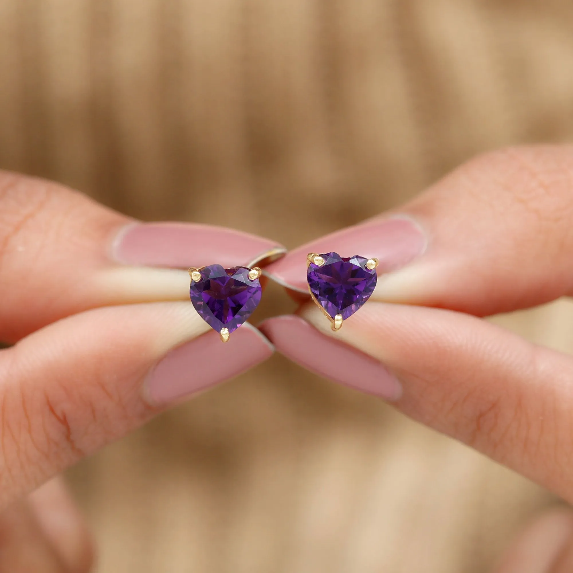 7 MM Heart Shape Amethyst Flower Stud Earrings in 3 Prong Setting