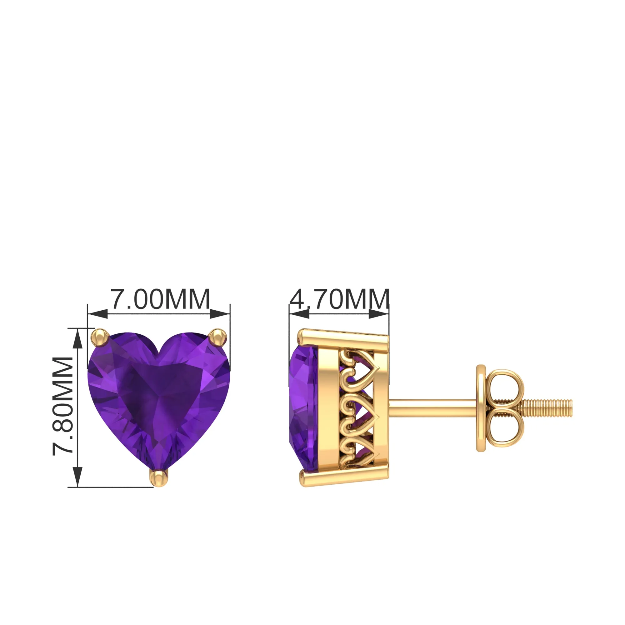 7 MM Heart Shape Amethyst Flower Stud Earrings in 3 Prong Setting