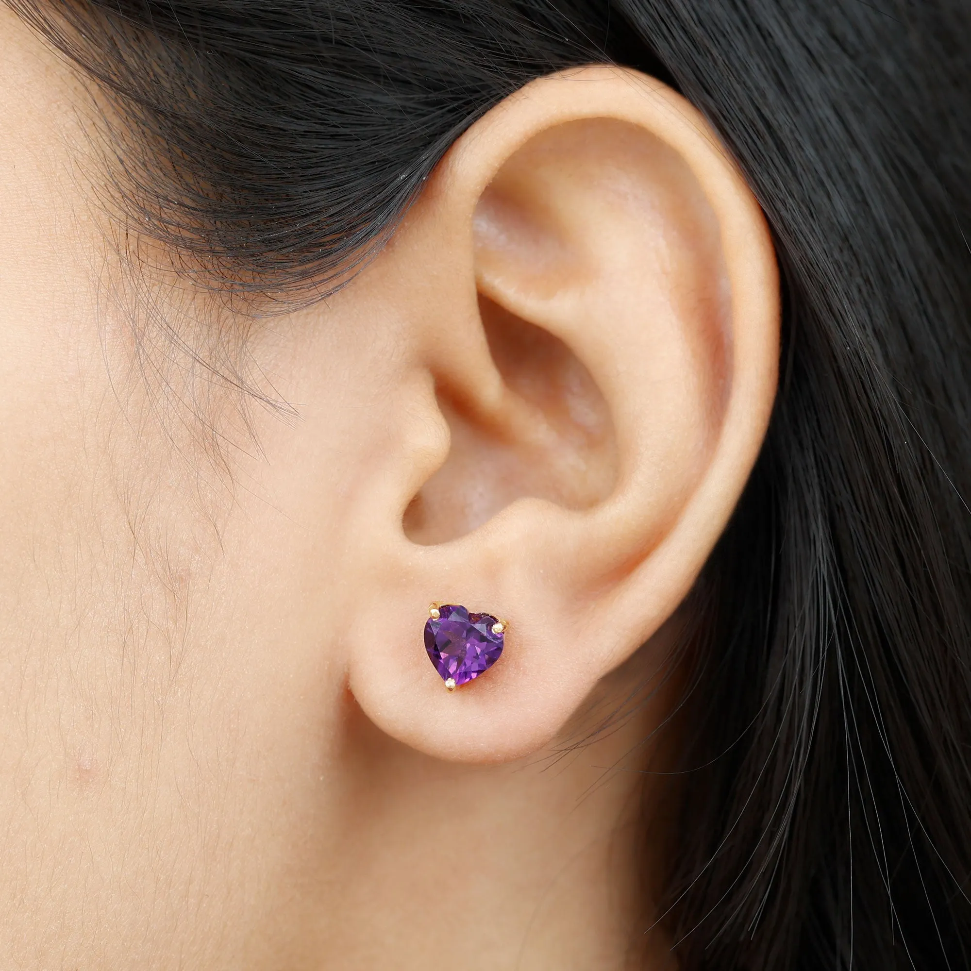 7 MM Heart Shape Amethyst Flower Stud Earrings in 3 Prong Setting