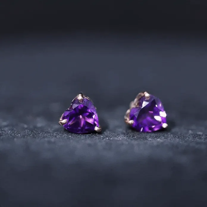 7 MM Heart Shape Amethyst Flower Stud Earrings in 3 Prong Setting