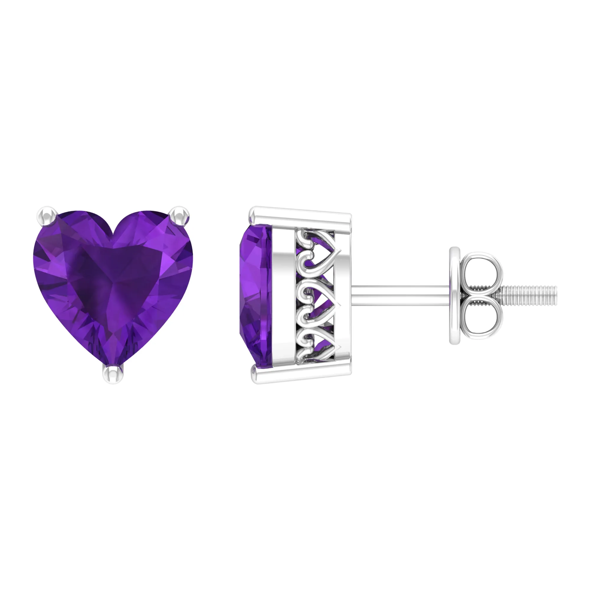 7 MM Heart Shape Amethyst Flower Stud Earrings in 3 Prong Setting