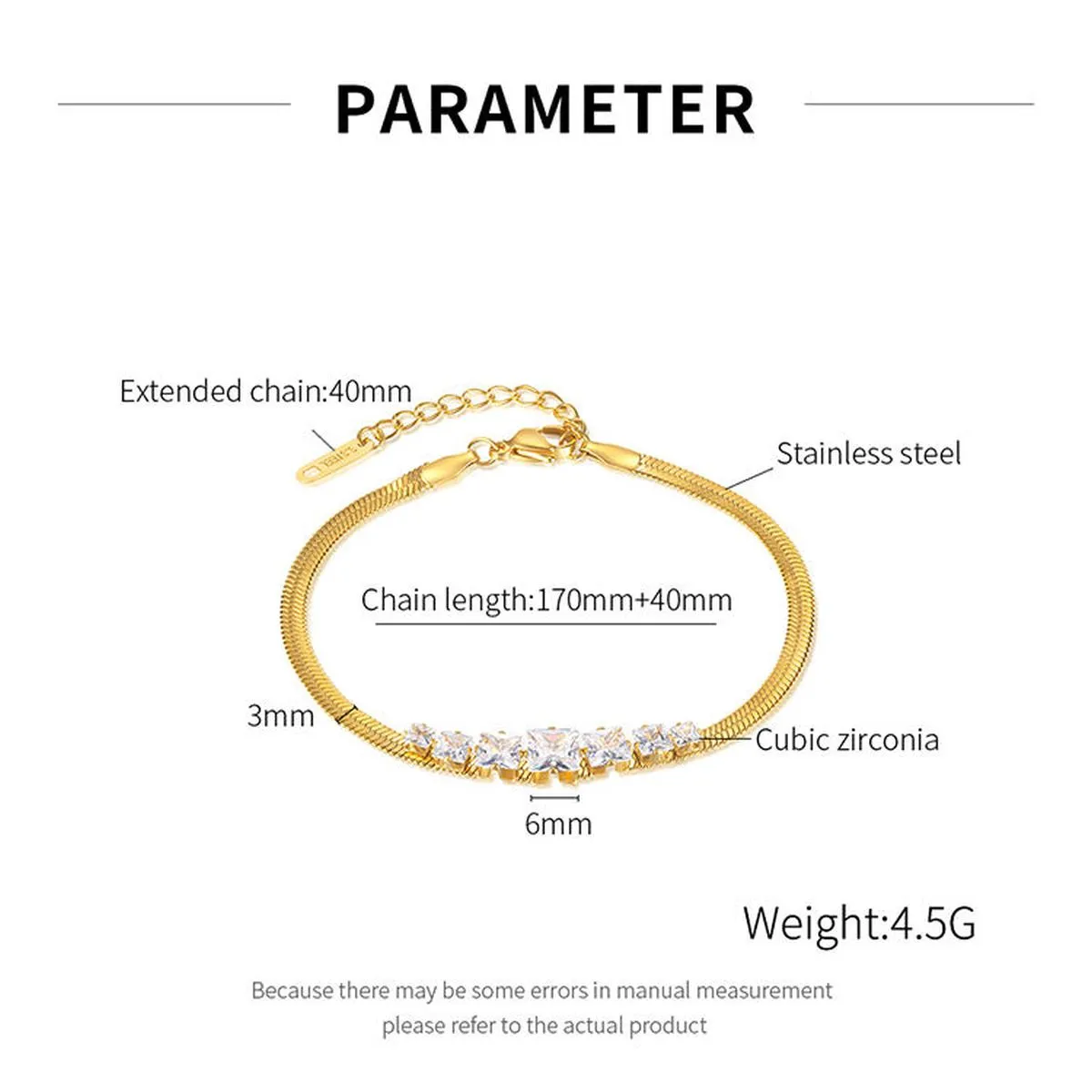 7 Princess Cut Cubic Zirconia Snake 18K Gold Anti Tarnish Stainless Steel Bracelet for Women