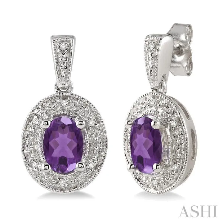 7x5 MM Oval Cut Amethyst and 1/20 Ctw Single Cut Diamond Earrings in Sterling Silver