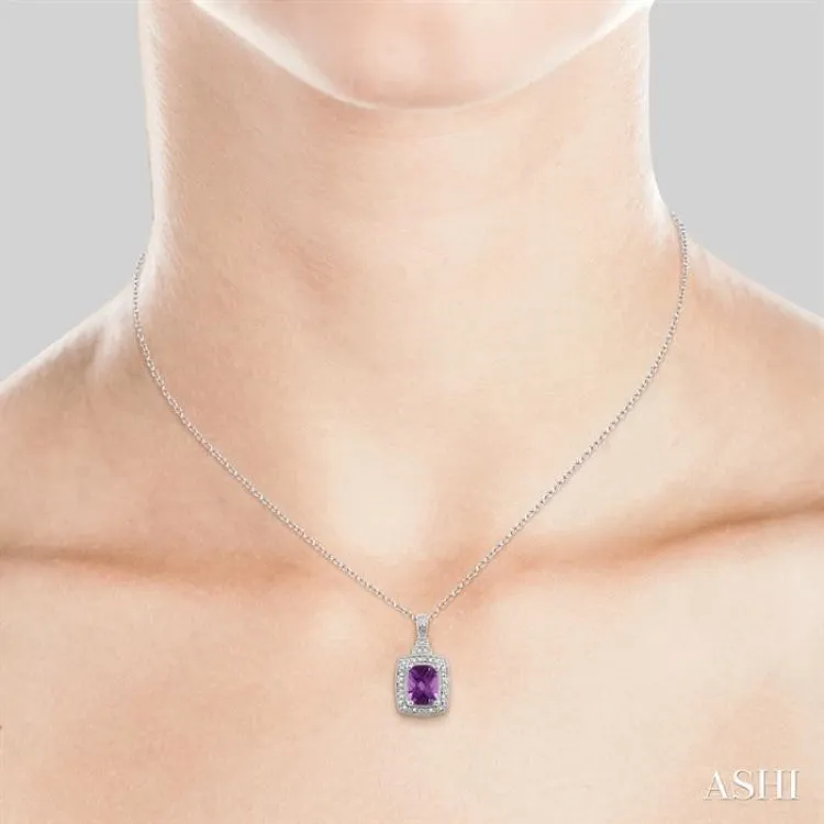 9x7 MM Cushion Shape Amethyst and 1/10 Ctw Single Cut Diamond Pendant in Sterling Silver with Chain