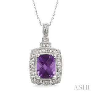 9x7 MM Cushion Shape Amethyst and 1/10 Ctw Single Cut Diamond Pendant in Sterling Silver with Chain